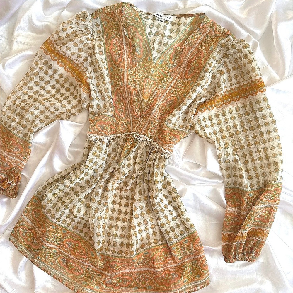 Rose + Olive Paisley Boho Blouse Orange Green Metallic Stripe V-Neck Small